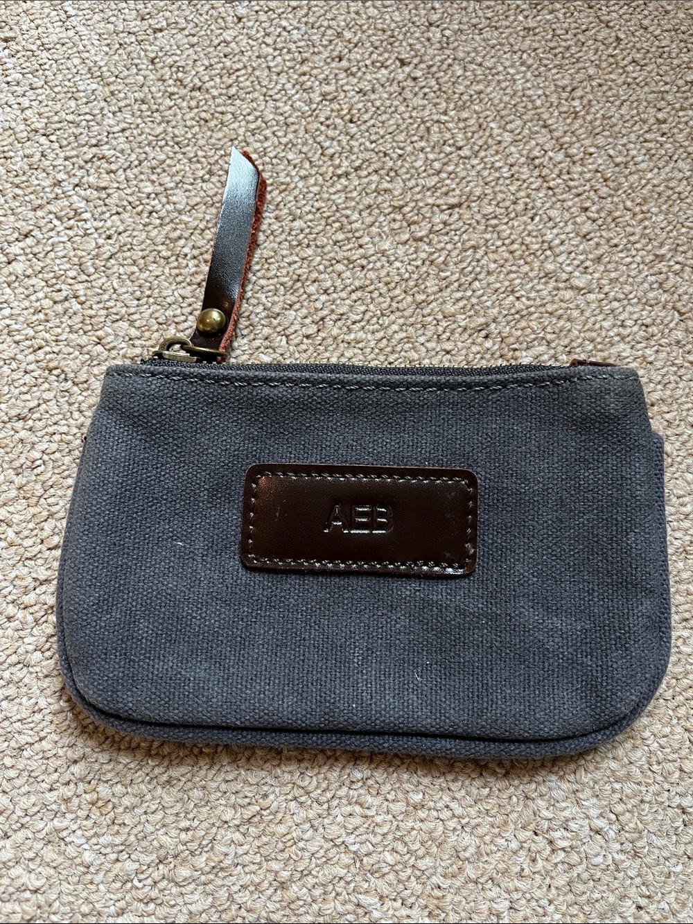 Gray Canvas Wristlet with Brown Leather Trim